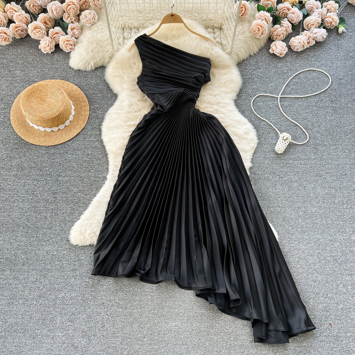 Slant Neckline Pleated Black Dress