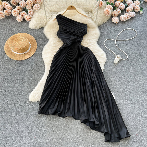Slant Neckline Pleated Black Dress
