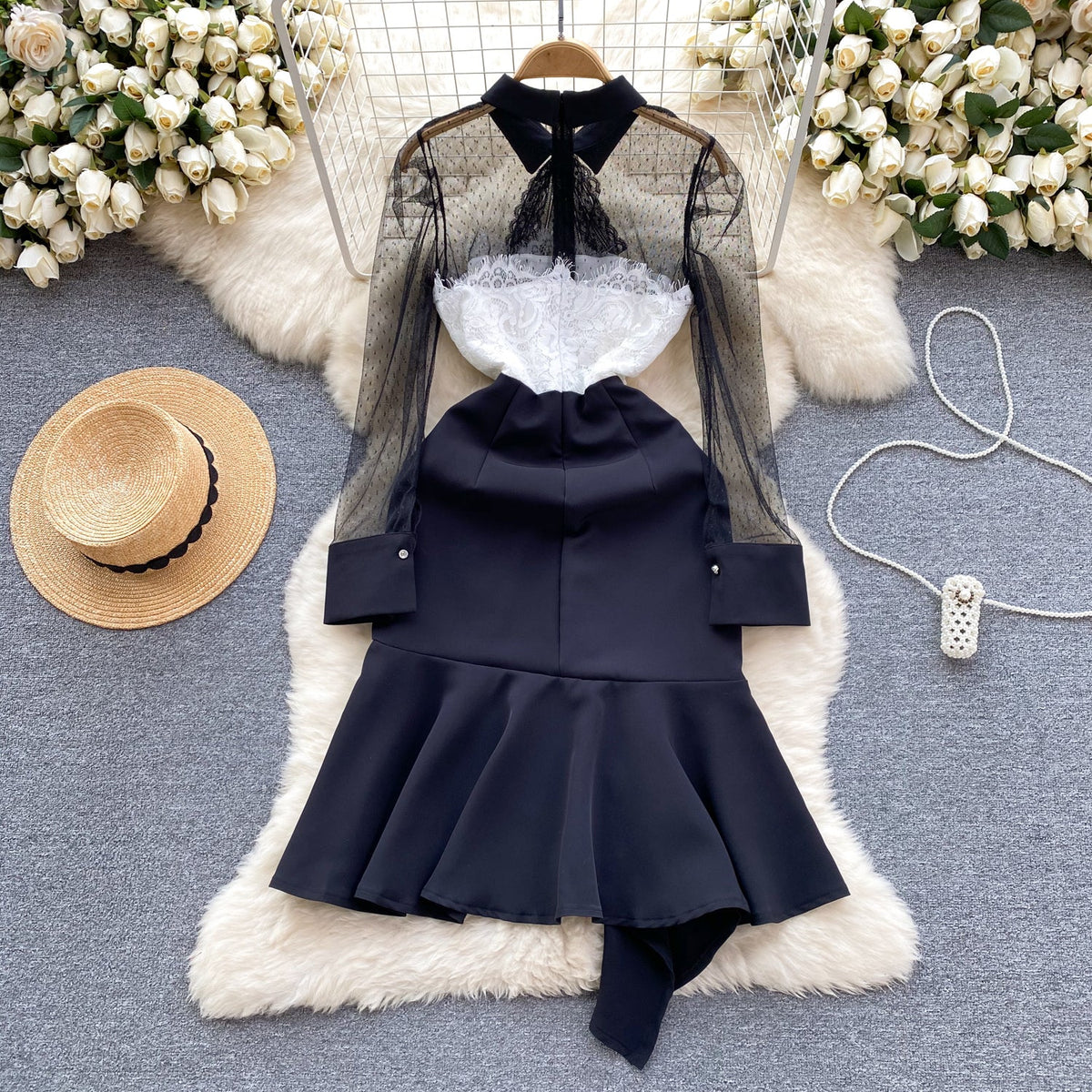 Lace Patchwork Bow-tie Black Dress