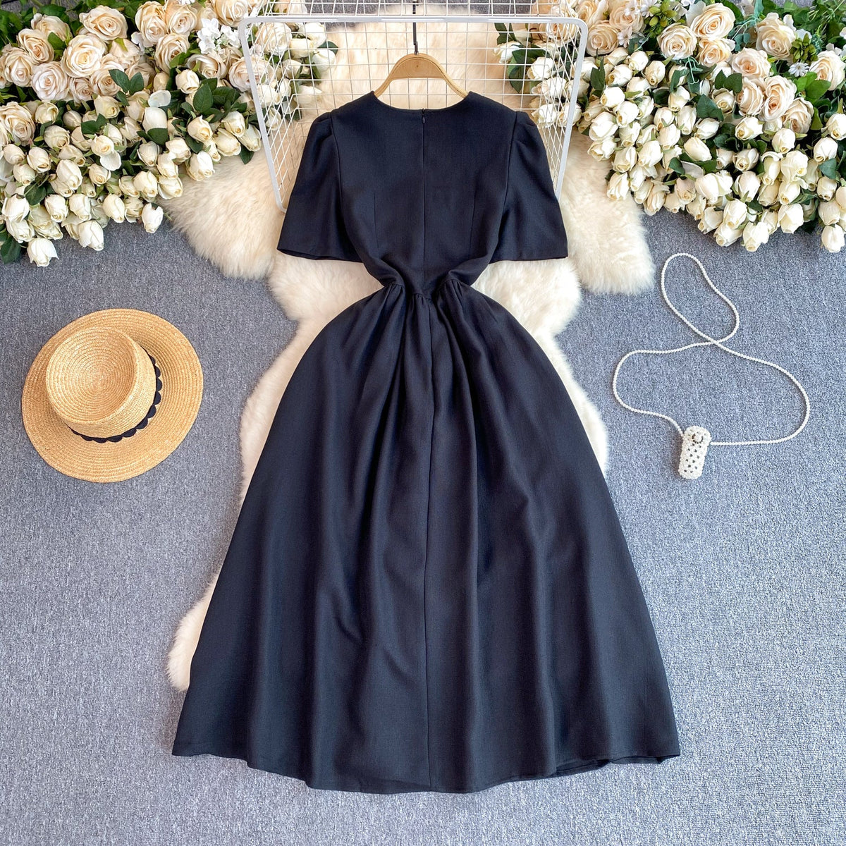 French Style Heart Buttons Black Dress