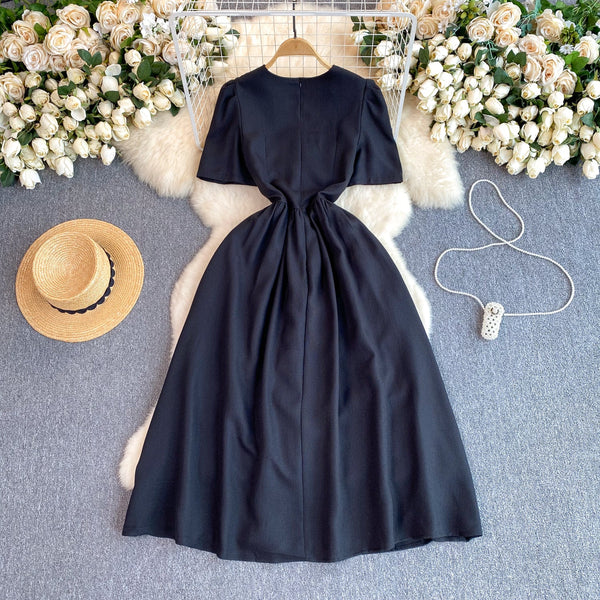 French Style Heart Buttons Black Dress