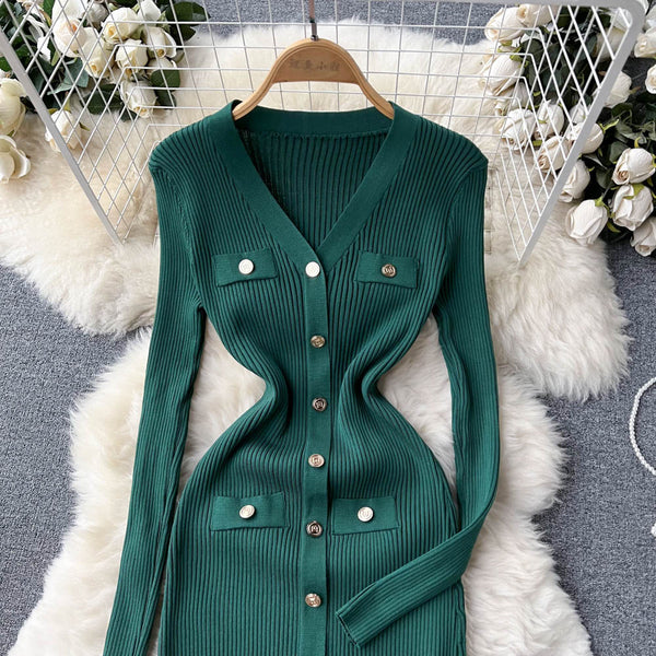 Elegant V-neck Long Sleeve Knitted Dress