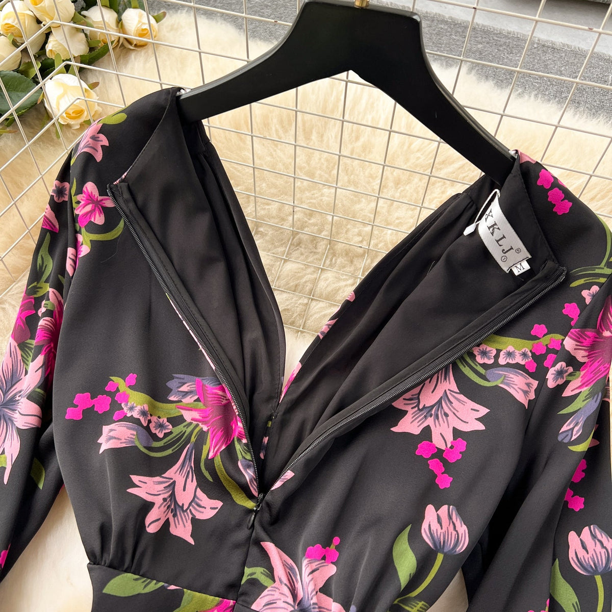 Elegant Floral Printed Black Dress