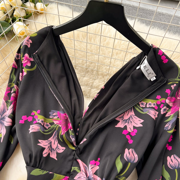 Elegant Floral Printed Black Dress