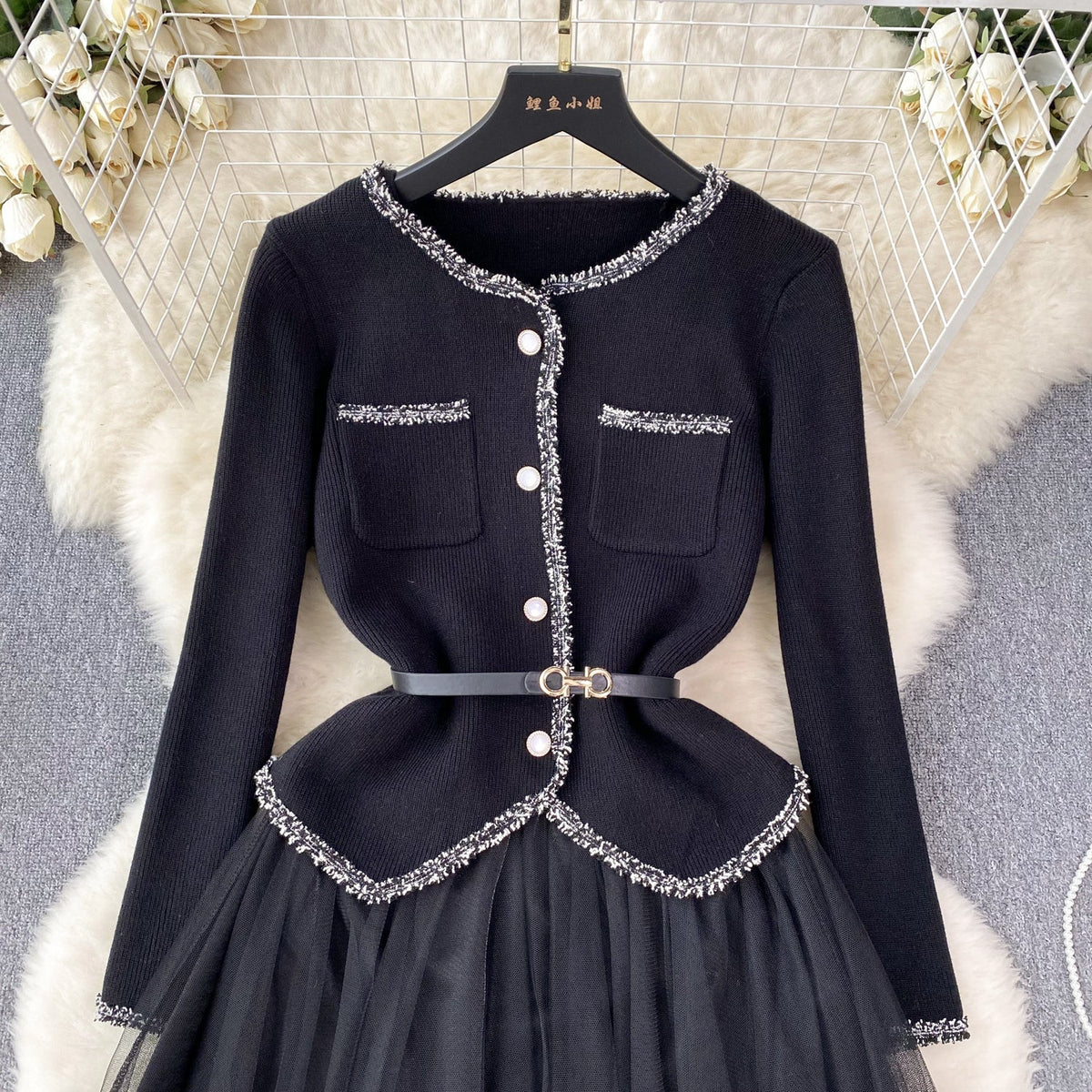 Elegant Cardigan&Slip Mesh Dress 2Pcs