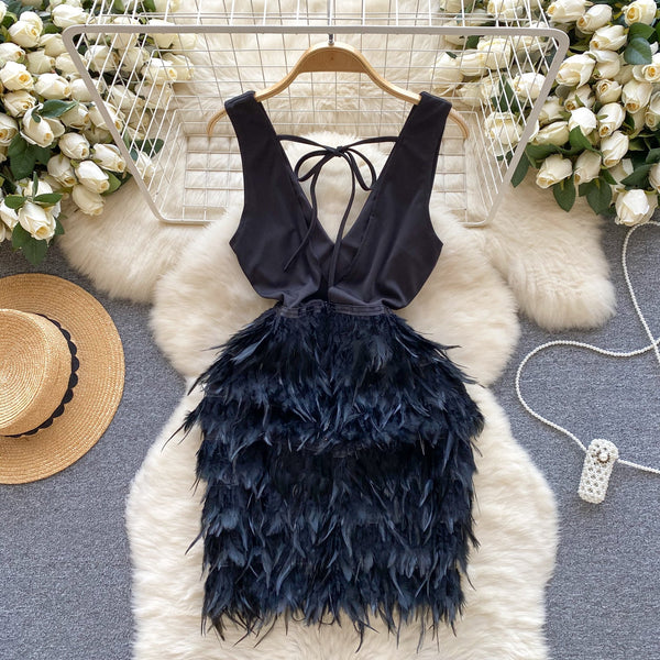 Premium Sleeveless Feather Hem Black Dress