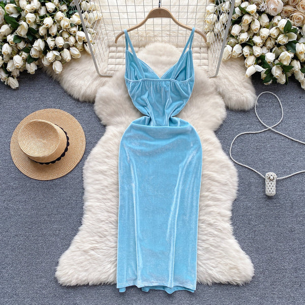 High-end Wathet Velvet Slip Dress