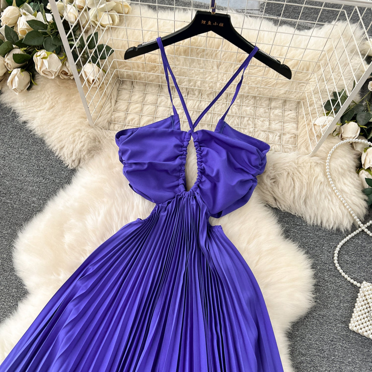Niche Hollowed Pleated Halter Dress
