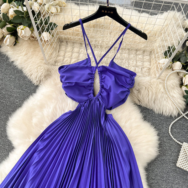 Niche Hollowed Pleated Halter Dress
