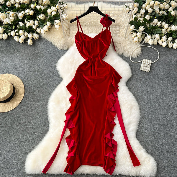 Vintage Red Velvet Ruffled Slip Dress