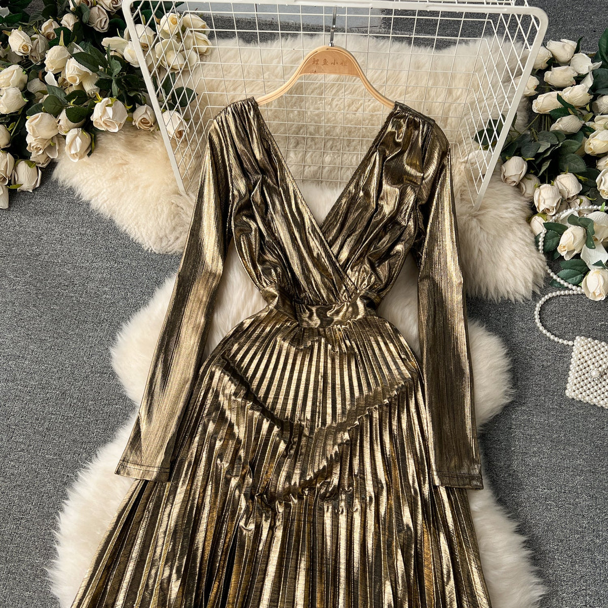 Glossy Metallic Style Pleated Dress