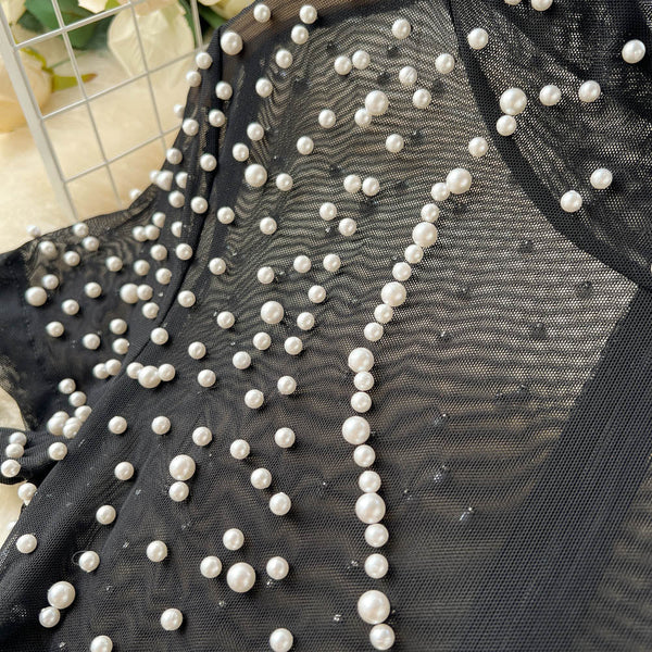Beaded Patchwork Split Black Dress