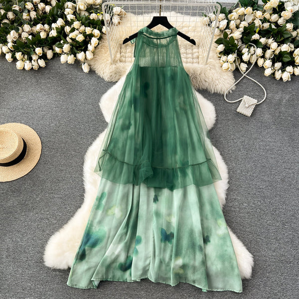 Fairy Green Mesh Loose-fit Halter Dress