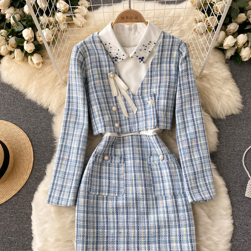 Plaid Beaded Cardigan&Tweed Dress 2PCs