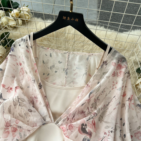 Fairy Pink Floral Faux Two-pieces Dress