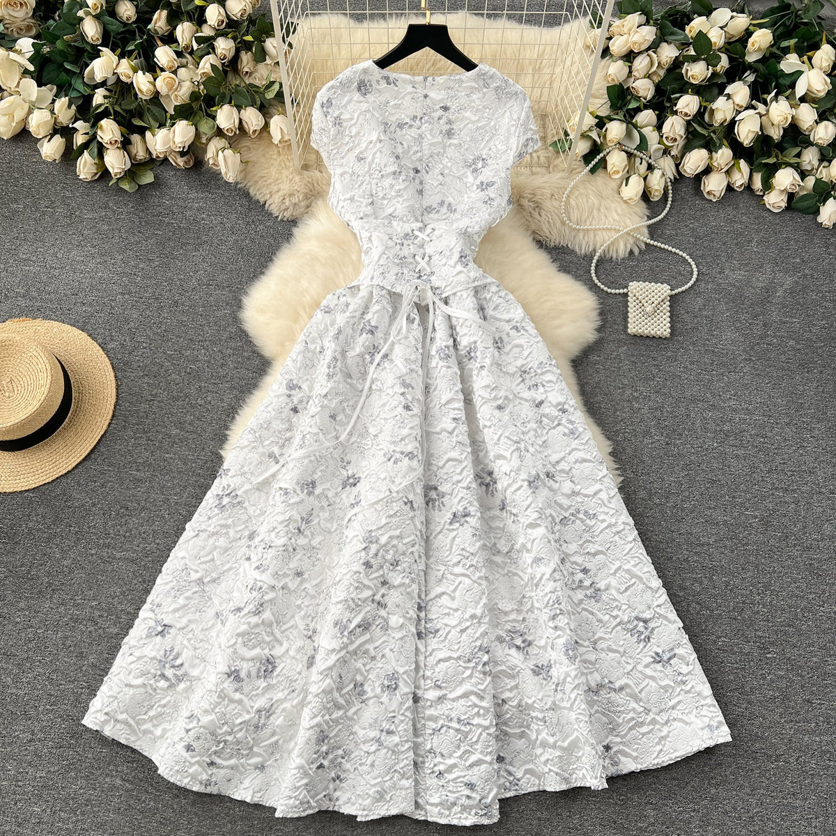 Courtly Jacquard Lace-up Girdling Dress