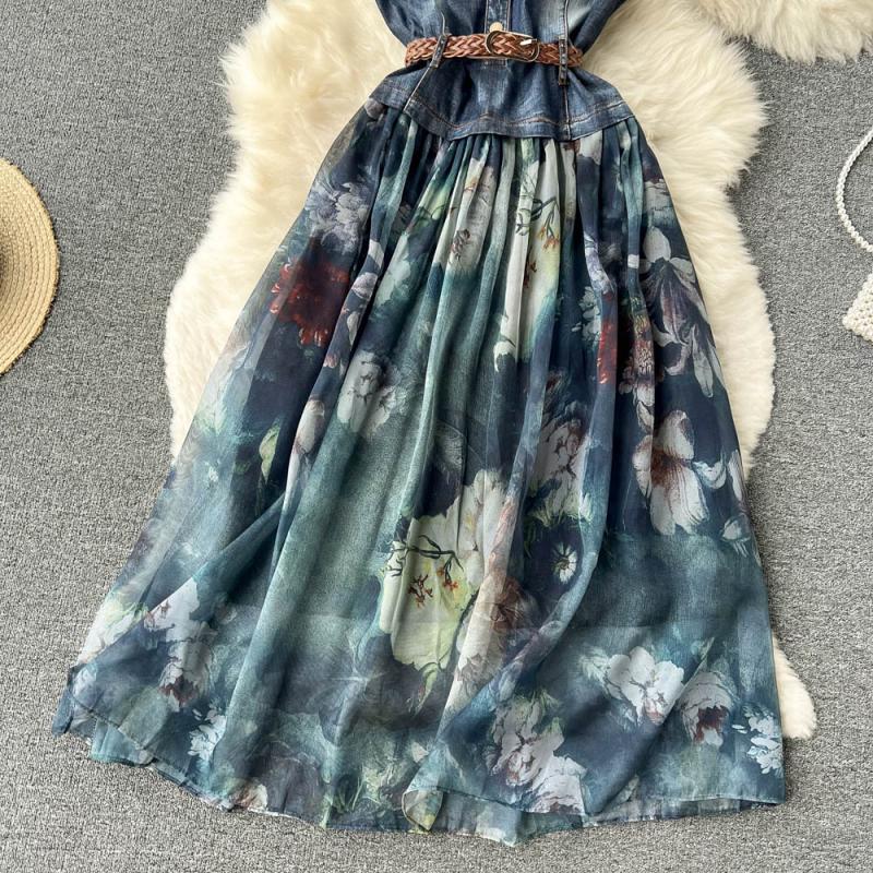 V-neck Denim Patchwork Chiffon Dress