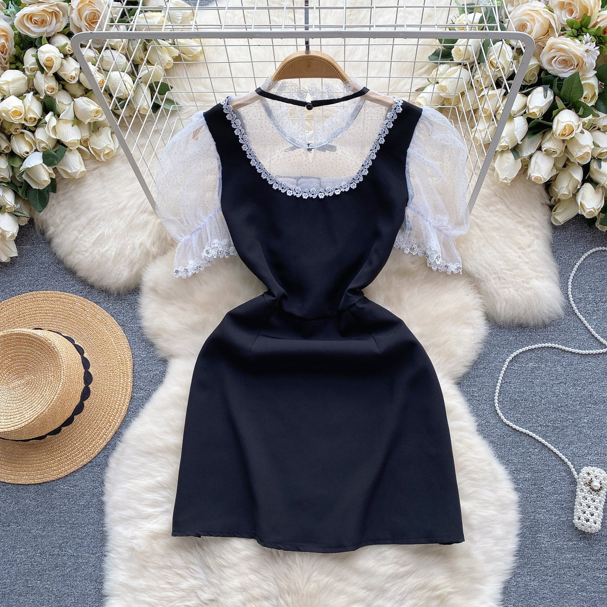 Color Blocking Mesh Patchwork Lace Dress