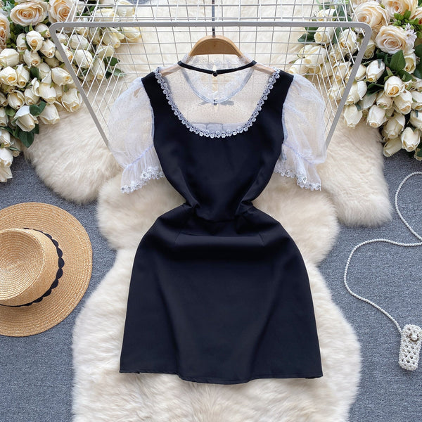 Color Blocking Mesh Patchwork Lace Dress