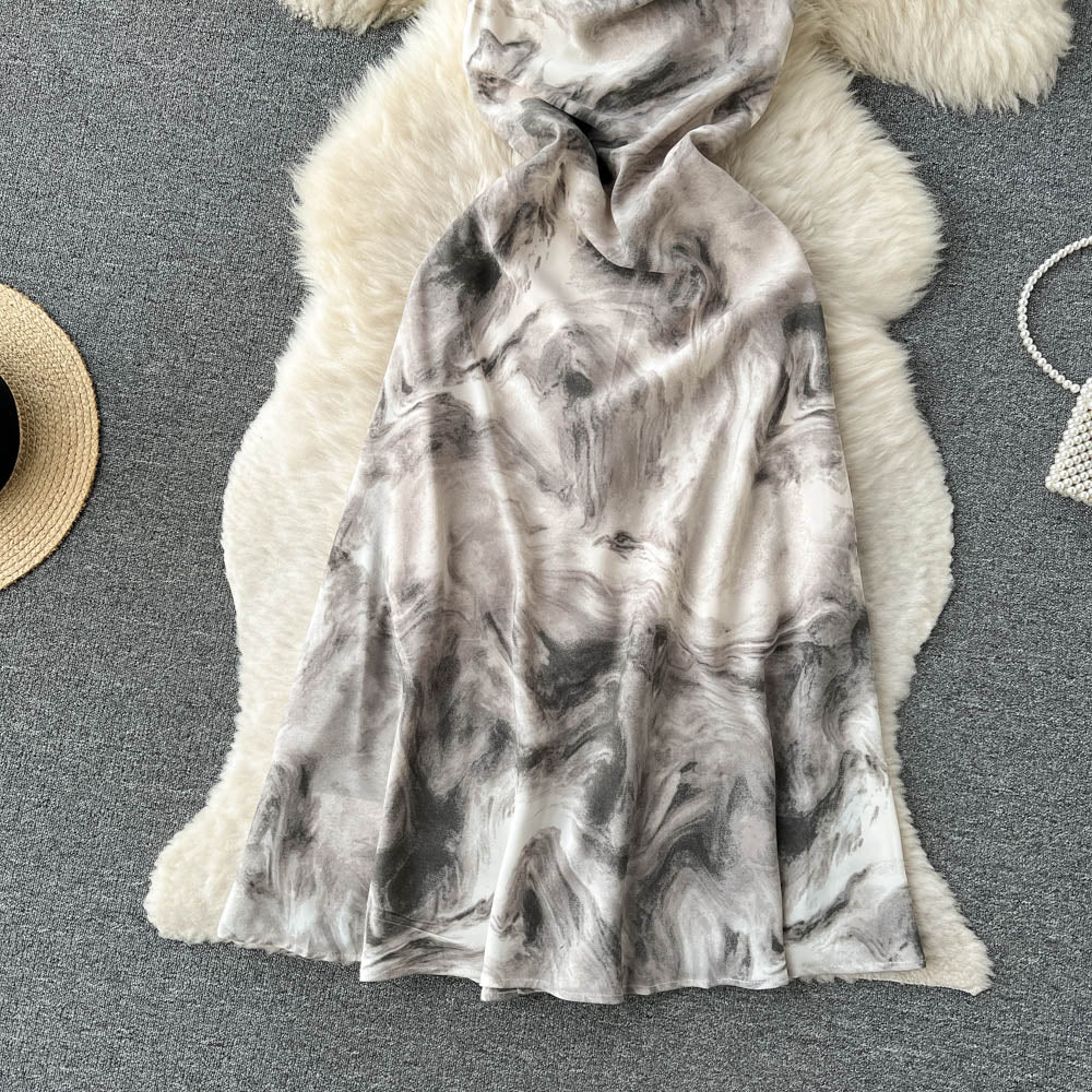 Ink Painting Print Sleeveless Halter Dress