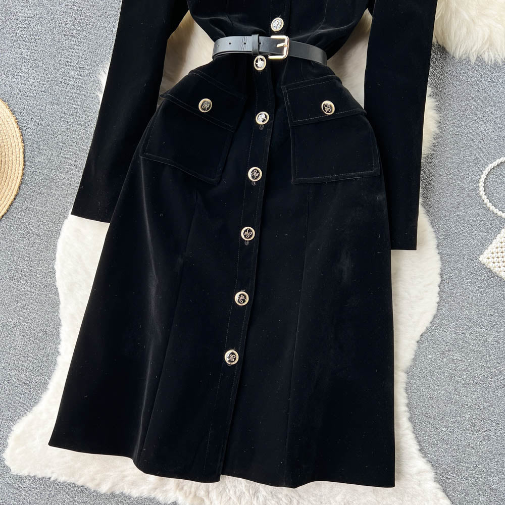 Vintage Single-breasted Black Velvet Dress