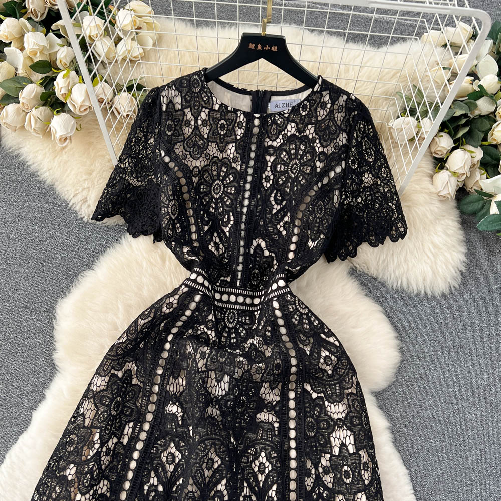 Premium Round Collar Embroidery Lace Dress