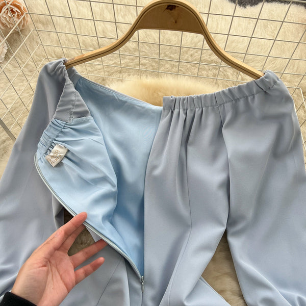 Off-shoulder Single-breasted Blue Dress
