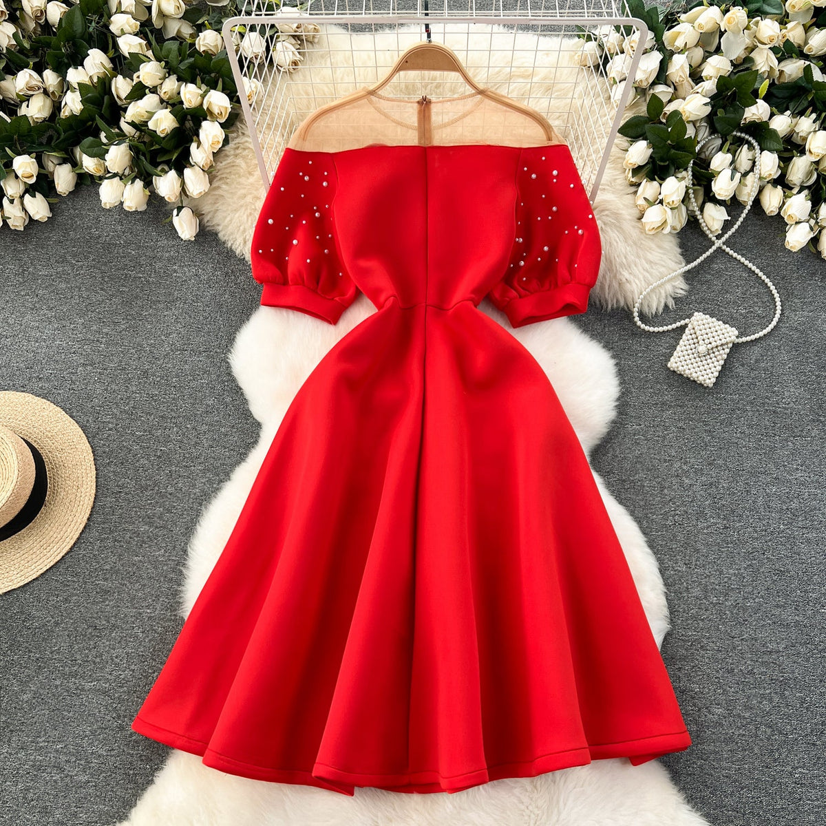 Mesh Neckline Beaded Pleated Dress