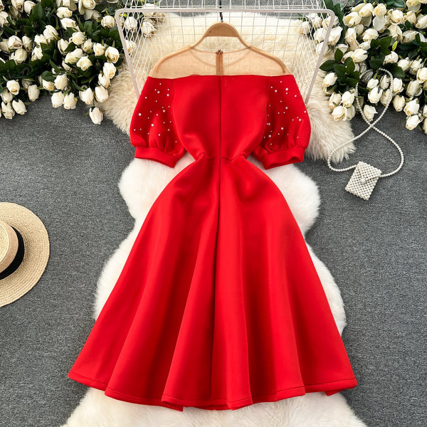 Mesh Neckline Beaded Pleated Dress