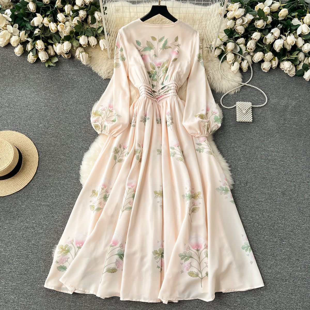 Courtly Pleated Floral Printed Dress