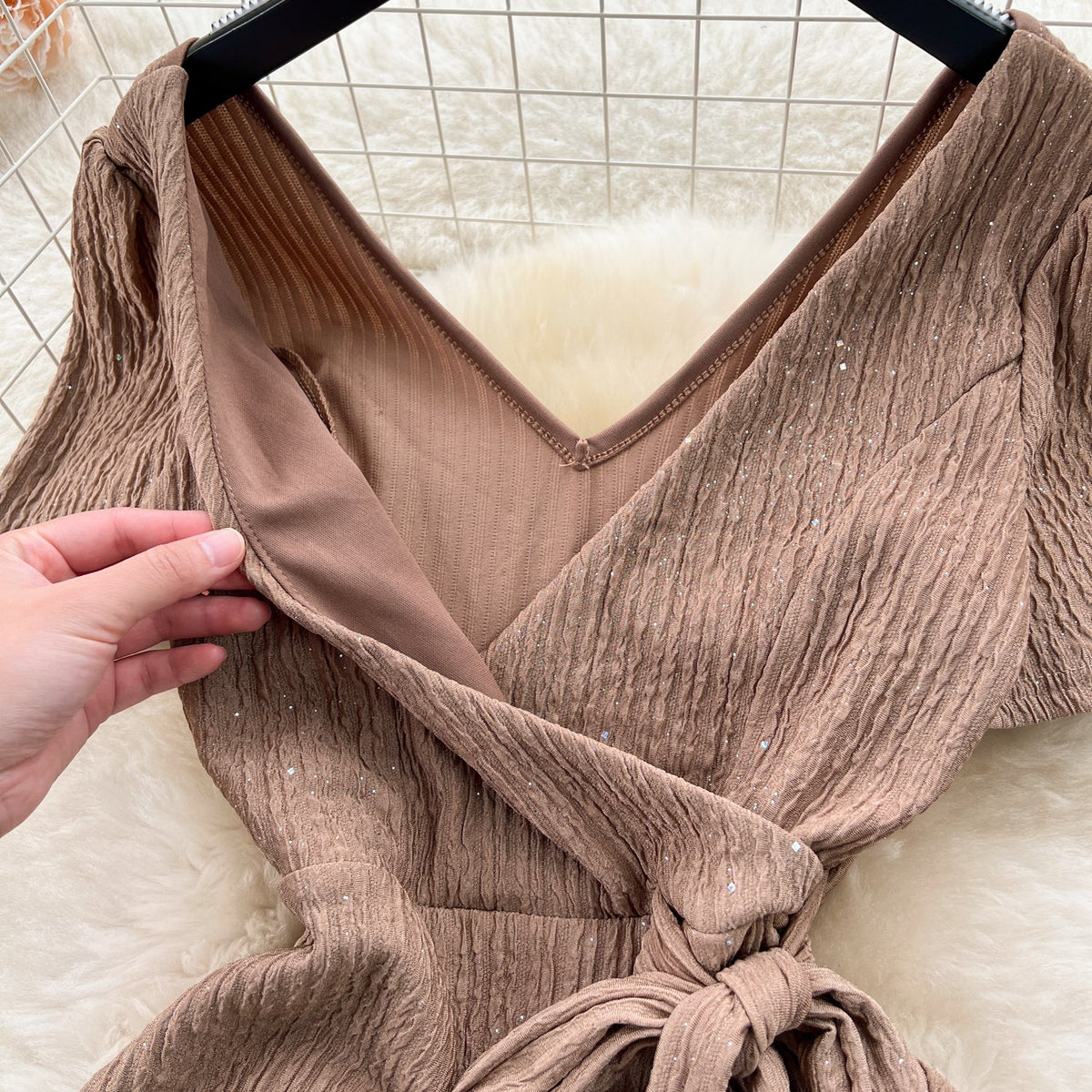 Sweetie V-neck Lace-up Ruffled Dress