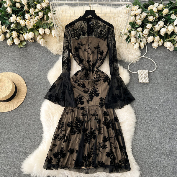 See-through Embroidered Black Mesh Dress