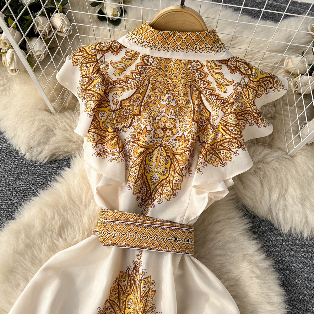 Vintage Ruffled Sleeveless Printed Dress