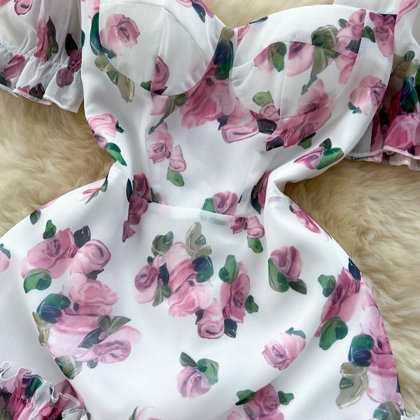 Square Collar Puff Sleeve Floral Dress