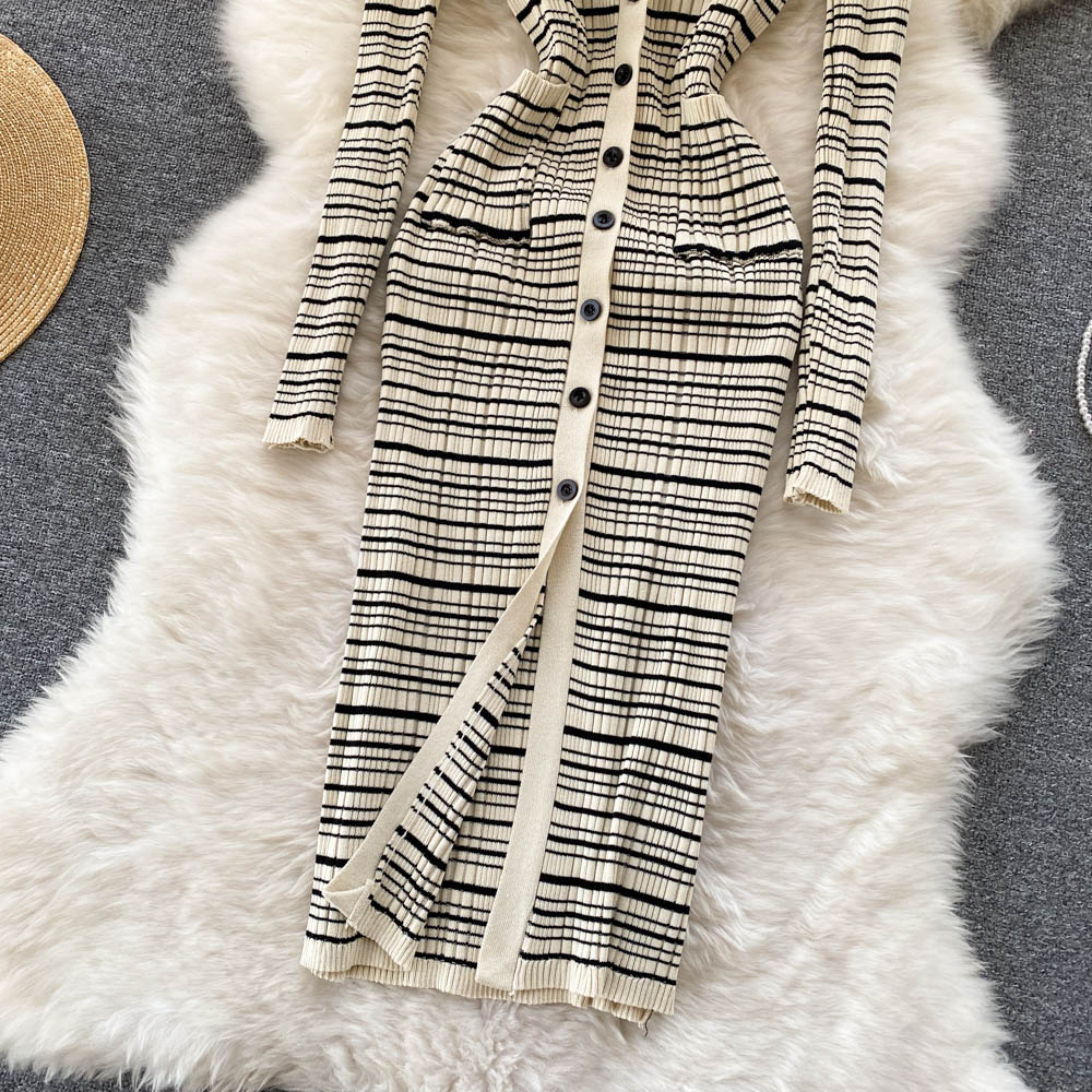 Vintage Striped Knitted Bottoming Shirt Dress