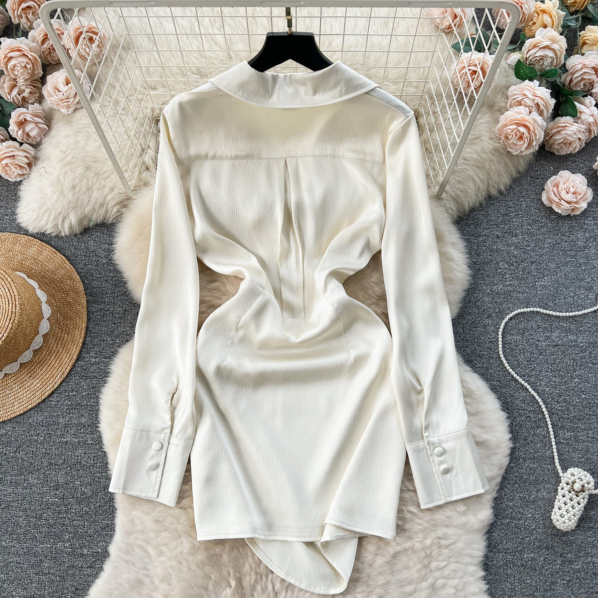Elegant Lapeled Pleated Shirt Dress