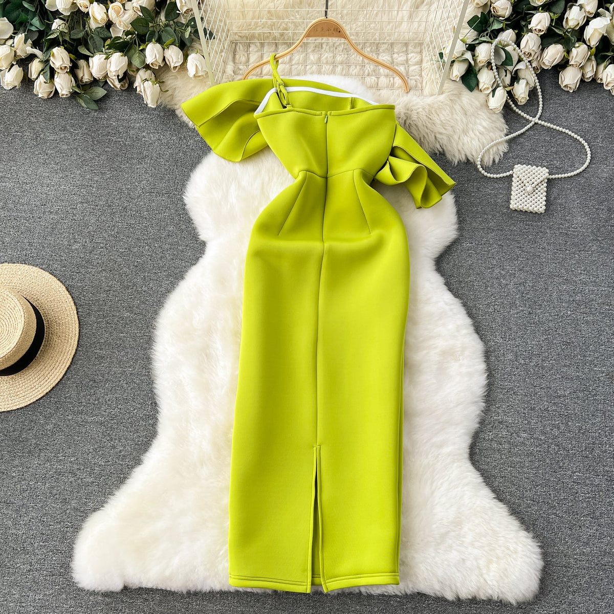 Slant Neckline Ruffled Green Dress
