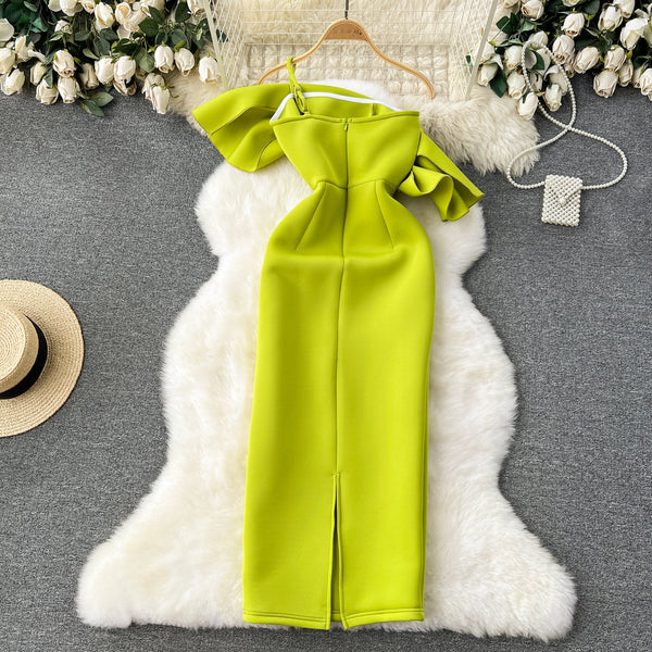 Slant Neckline Ruffled Green Dress