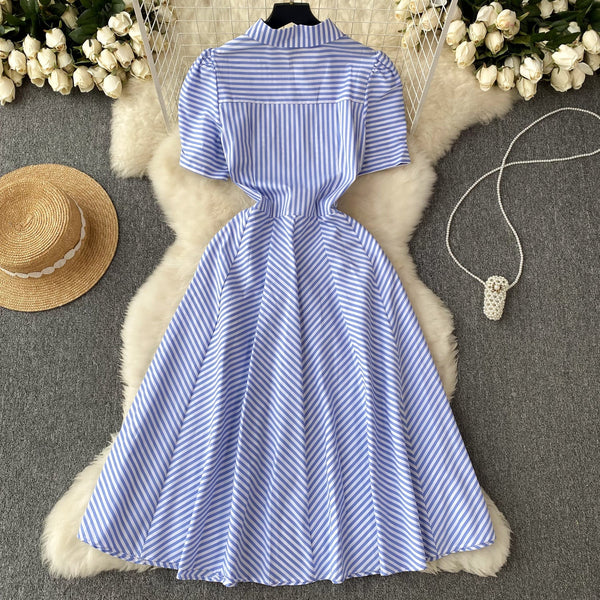 Lapeled Puffy Sleeve Striped Dress