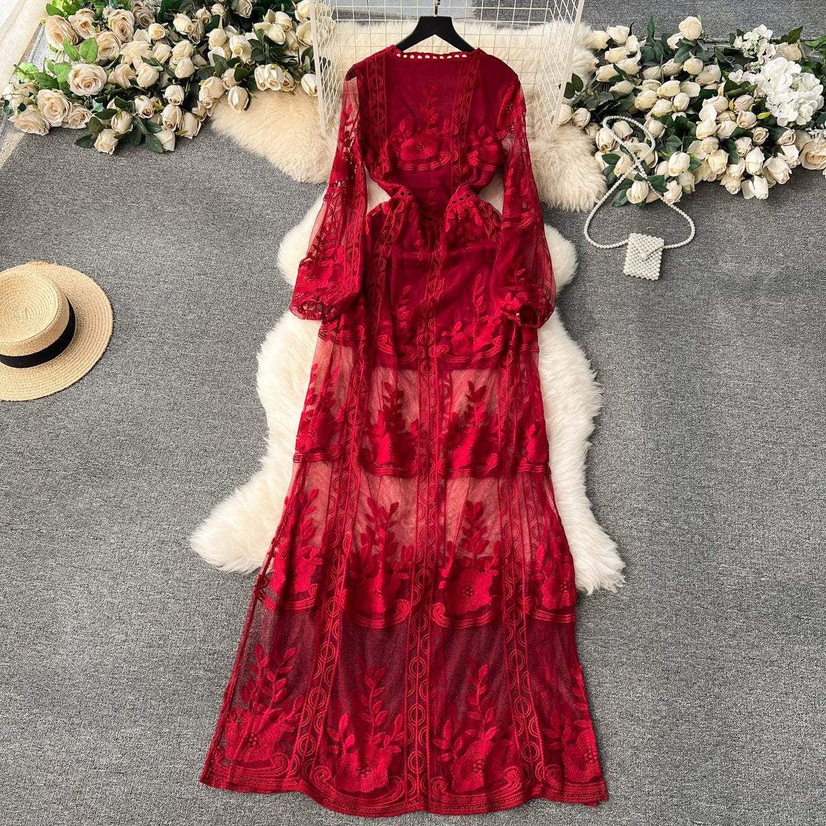 Vintage Embroidered Lace V-neck Dress