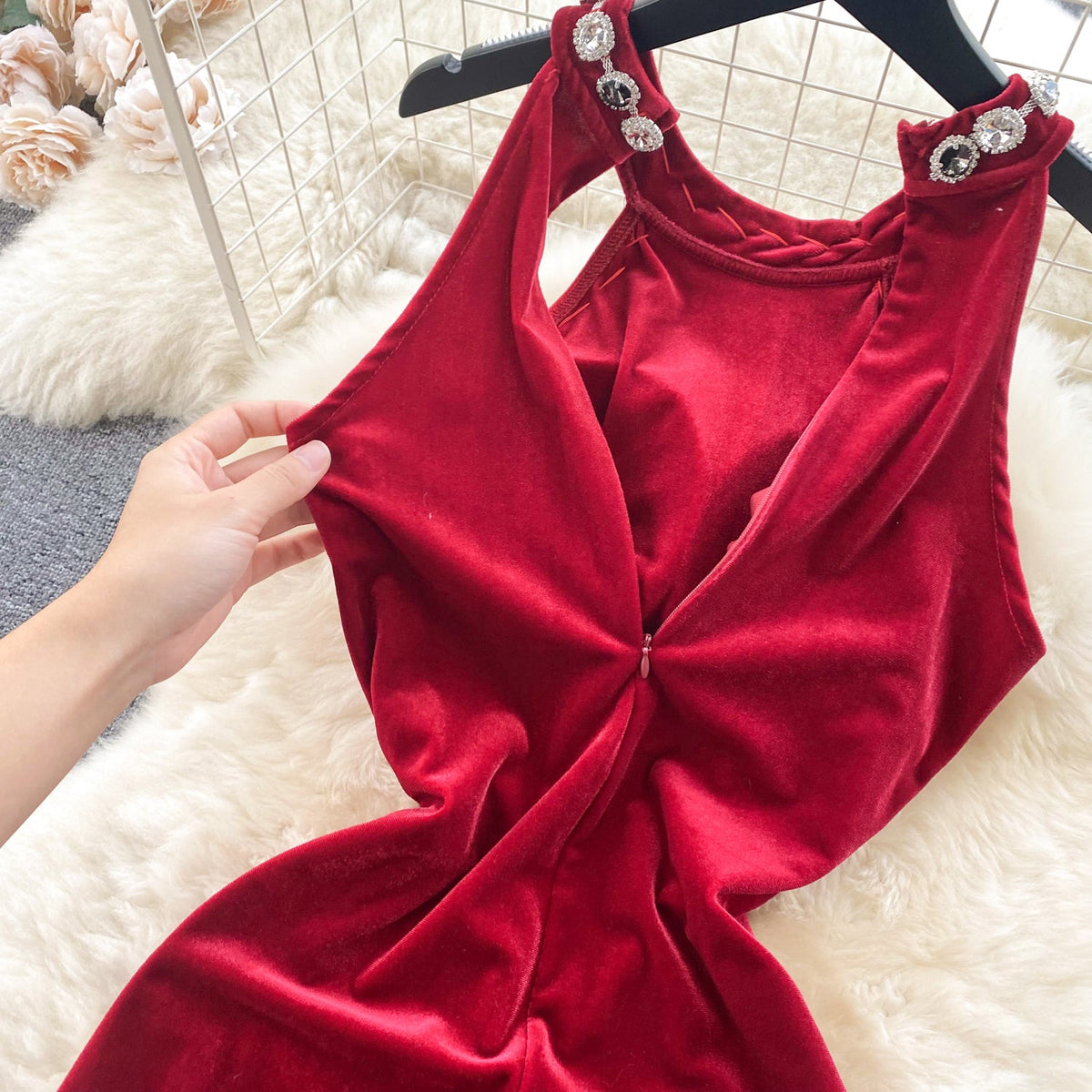 High-end Rhinestone Studded Halter Dress