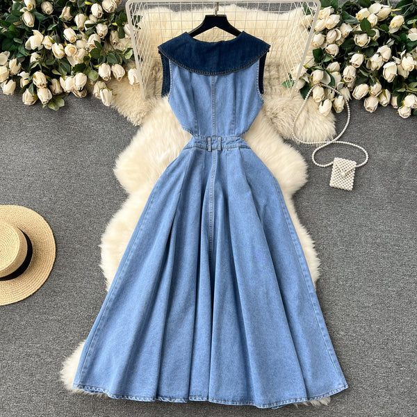 Navy Collar Sleeveless Hollowed Denim Dress