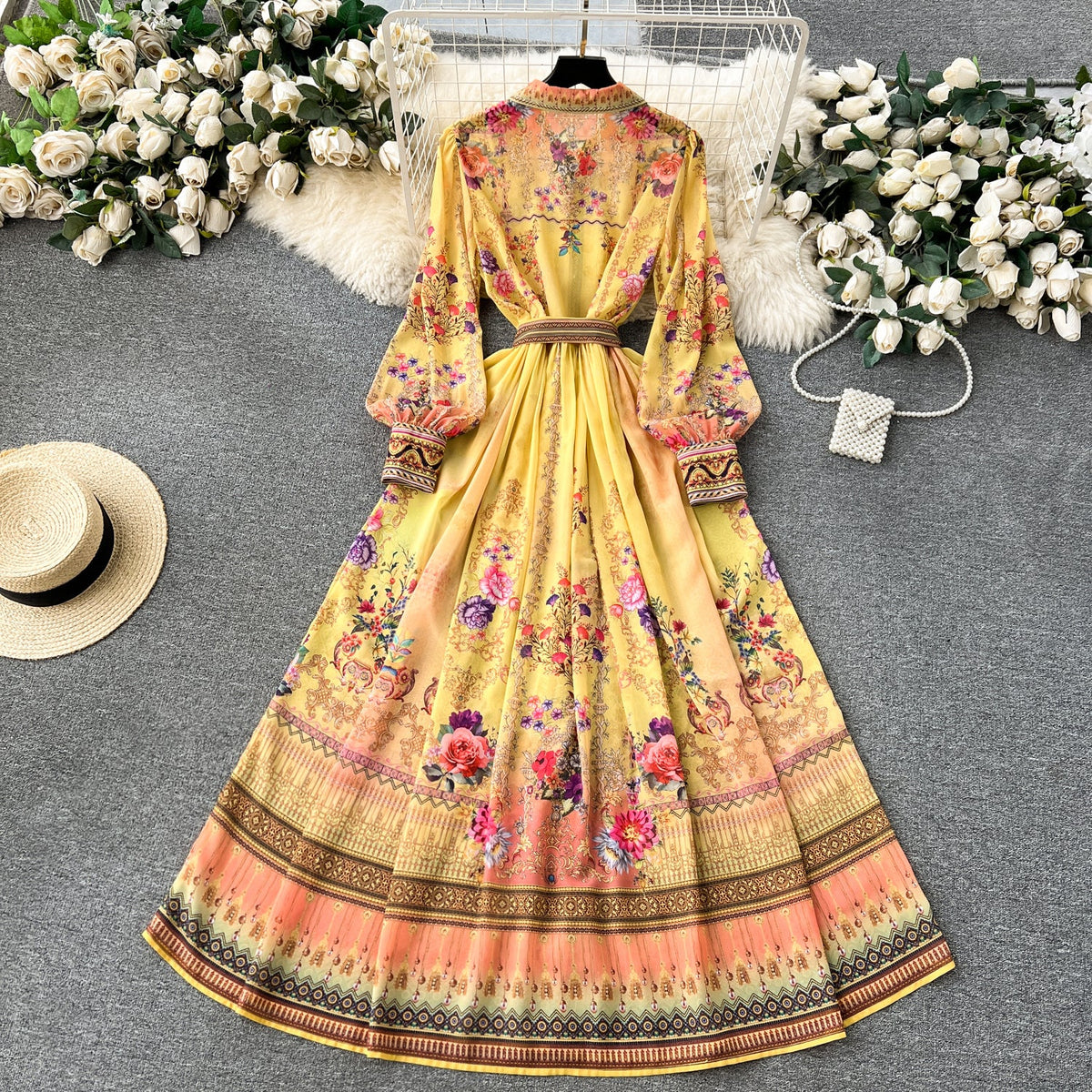 Vintage Lace-up Printed Shirt Dress