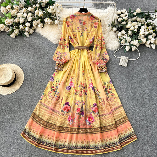 Vintage Lace-up Printed Shirt Dress