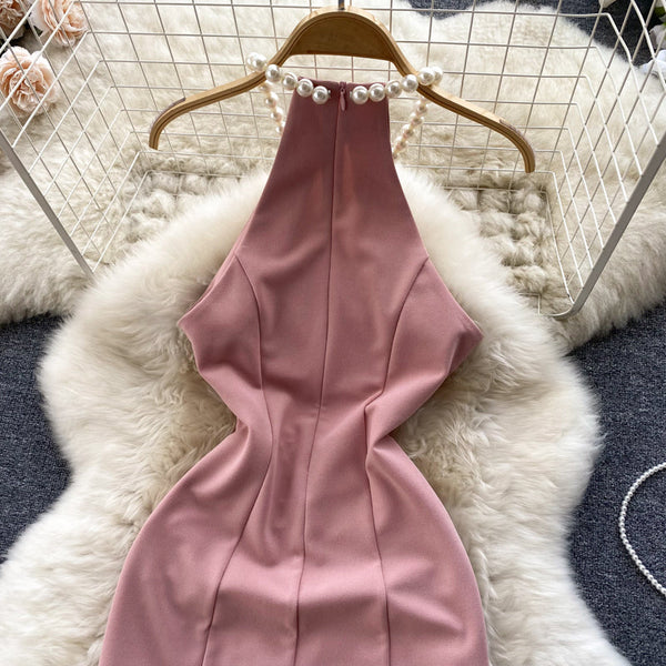 Sleeveless Pink Dress with Pearl Neckline