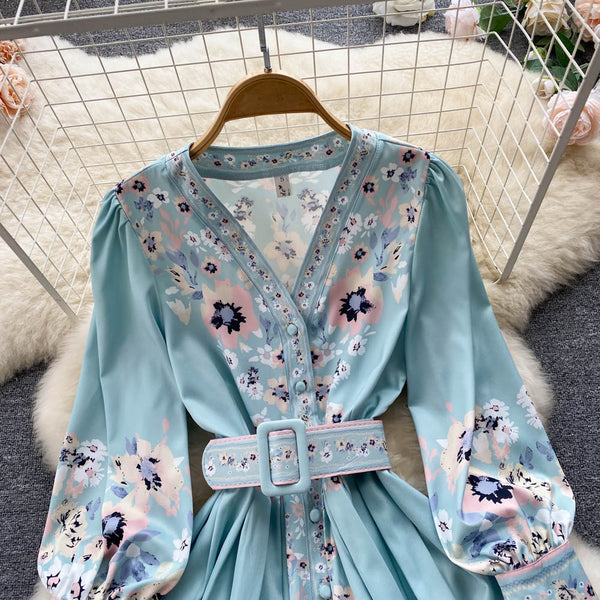 Flower Printed Long Sleeve Lace-up Dress