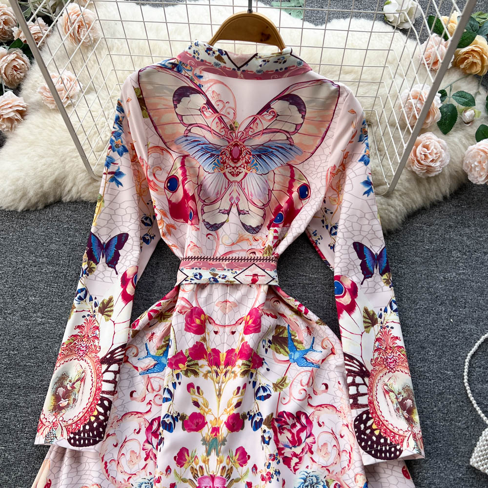 Vintage Printed Single-breasted A-line Dress