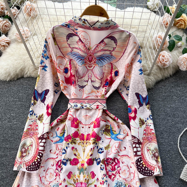 Vintage Printed Single-breasted A-line Dress