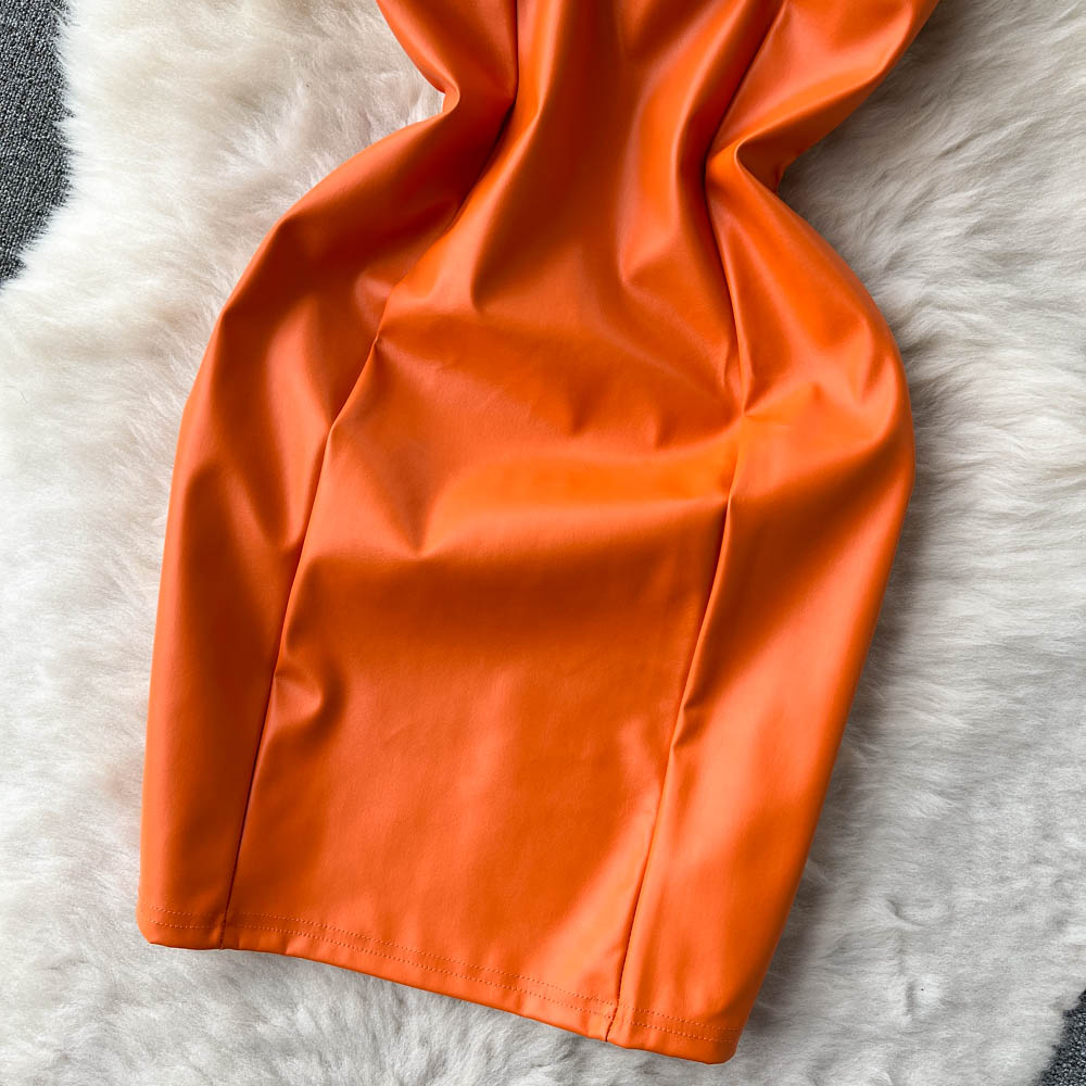 Orange PU Leather Backless Sheath Dress