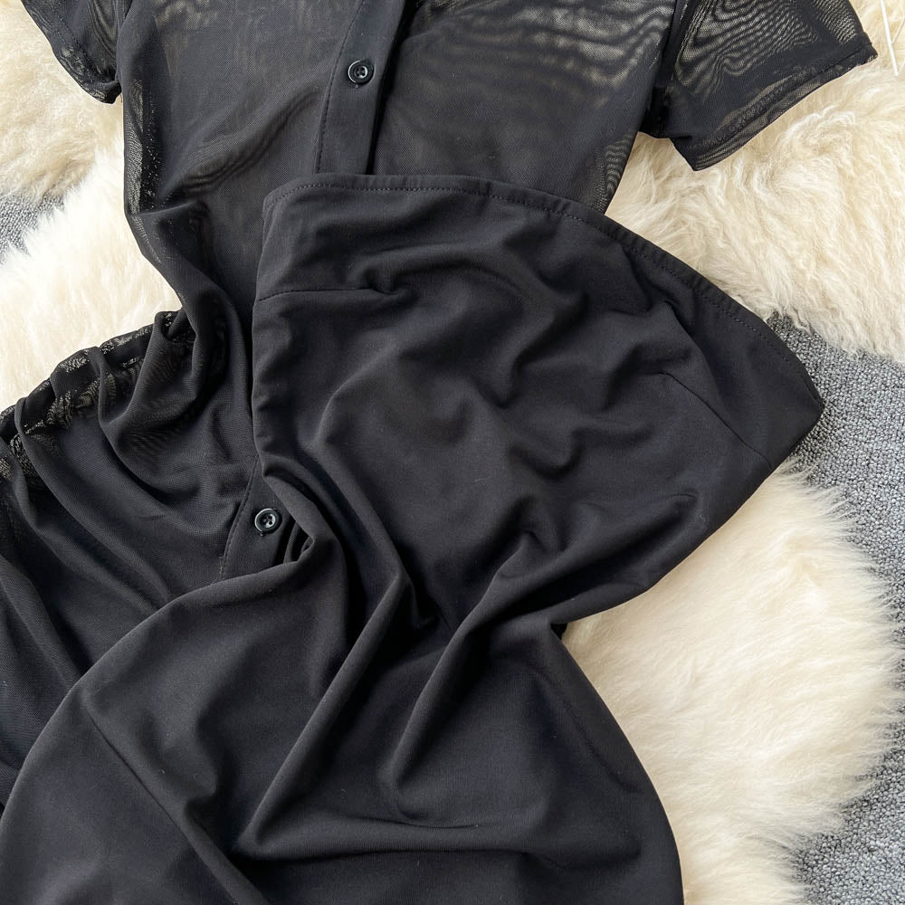 Turtleneck Mesh Dress&Bottom Bustier 2Pcs